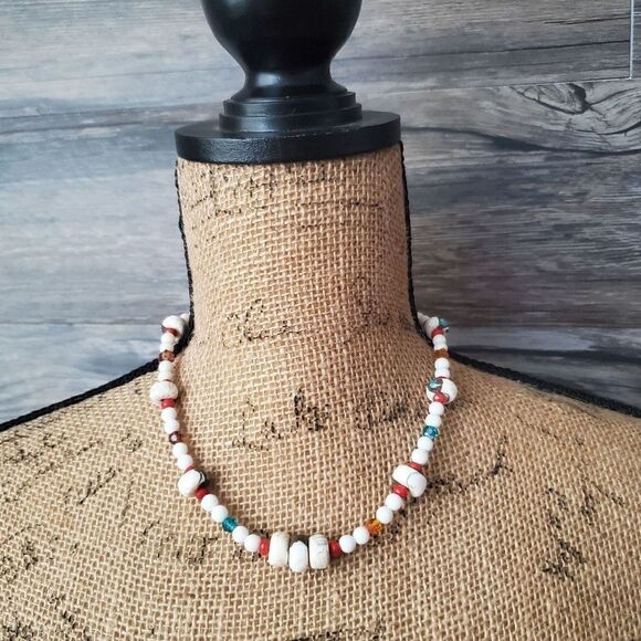 Artisan Saki 925 Beaded Pearl Turquoise Stone Short Necklace - Picture 2 of 6